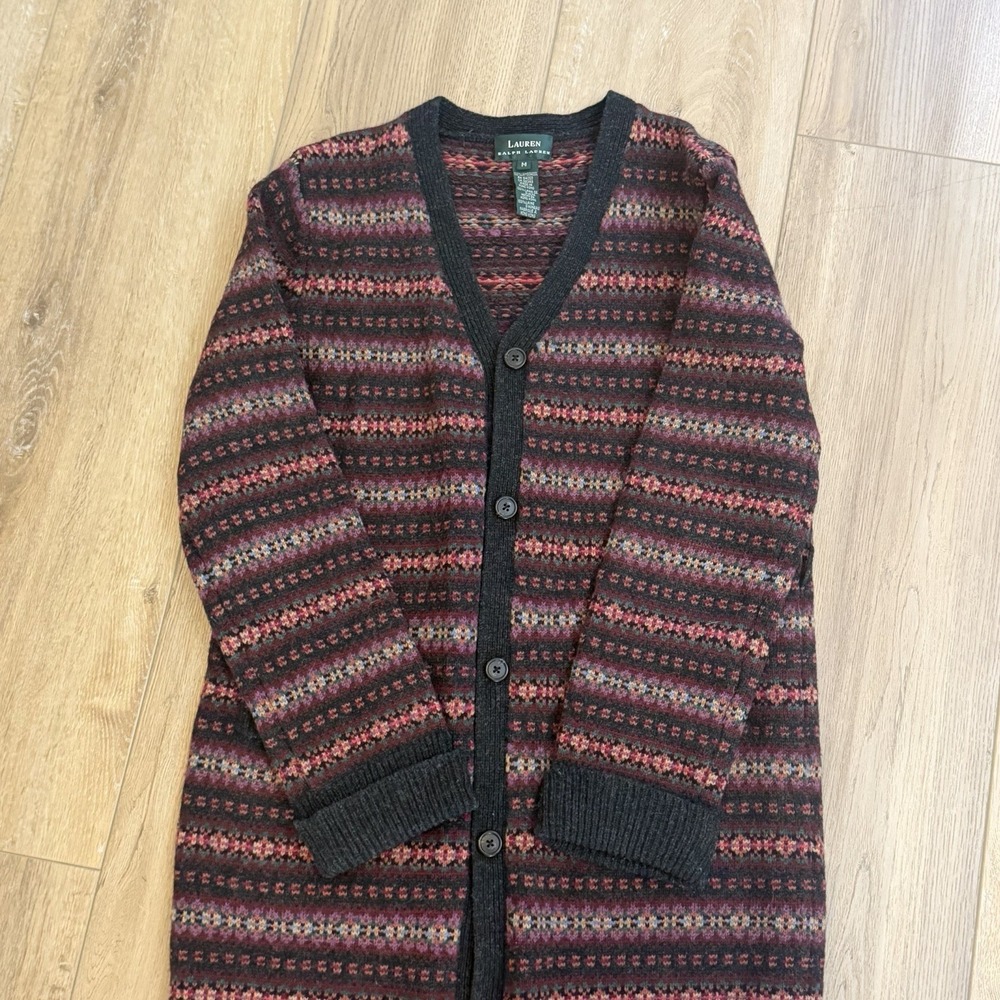 Rare Ralph Lauren Fair Isle Full Length Cardigan Sweater Coat 100% LambsWool
